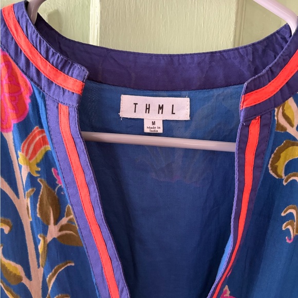 THML Floral dahlia puff sleeve Midi Dress blue green - Picture 6 of 11